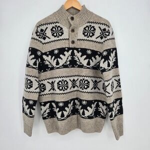 Duluth Trading Co Mens M Sweater Beige Black 100% Shetland Wool Fair Isle Henley